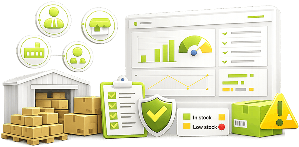 Supplier Network and Stock Alerts | Supplier Sourcing Service Supplier Sourcing Service - a warehouse and pallets, a supplier network, a stock dashboard and a delayed-shipment alert